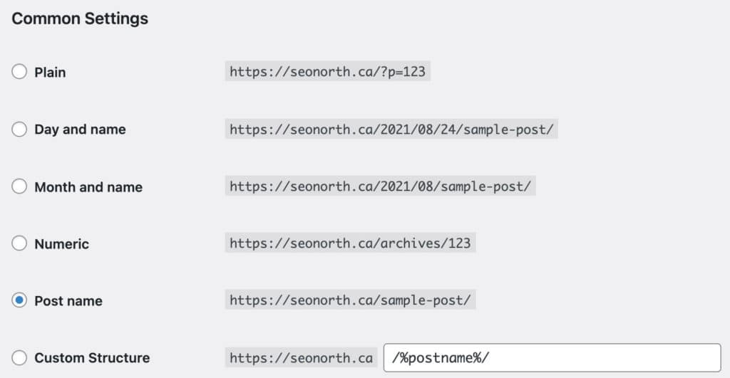 Permalinks Structure: seo settings