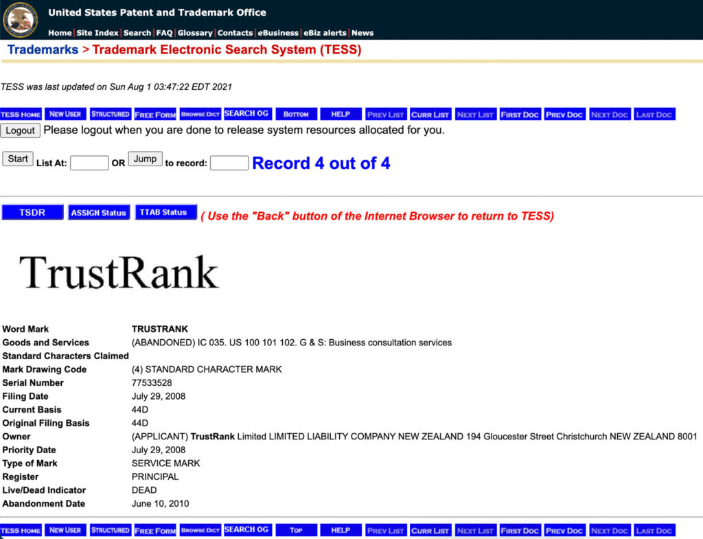 United States Patent and Trademark Office: TrustRank meaning